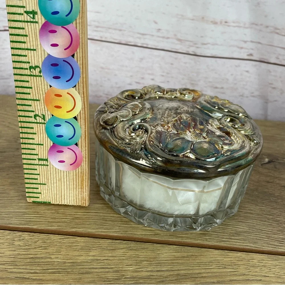 Vintage Crystal Jewelry Trinket Dresser Powder Box Pewter Mirror Cover Lid